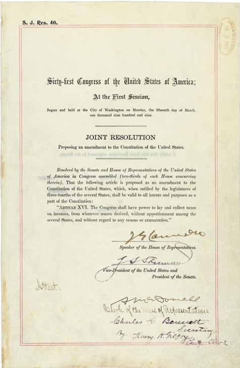 16th Amendment joint resolution document with signatures