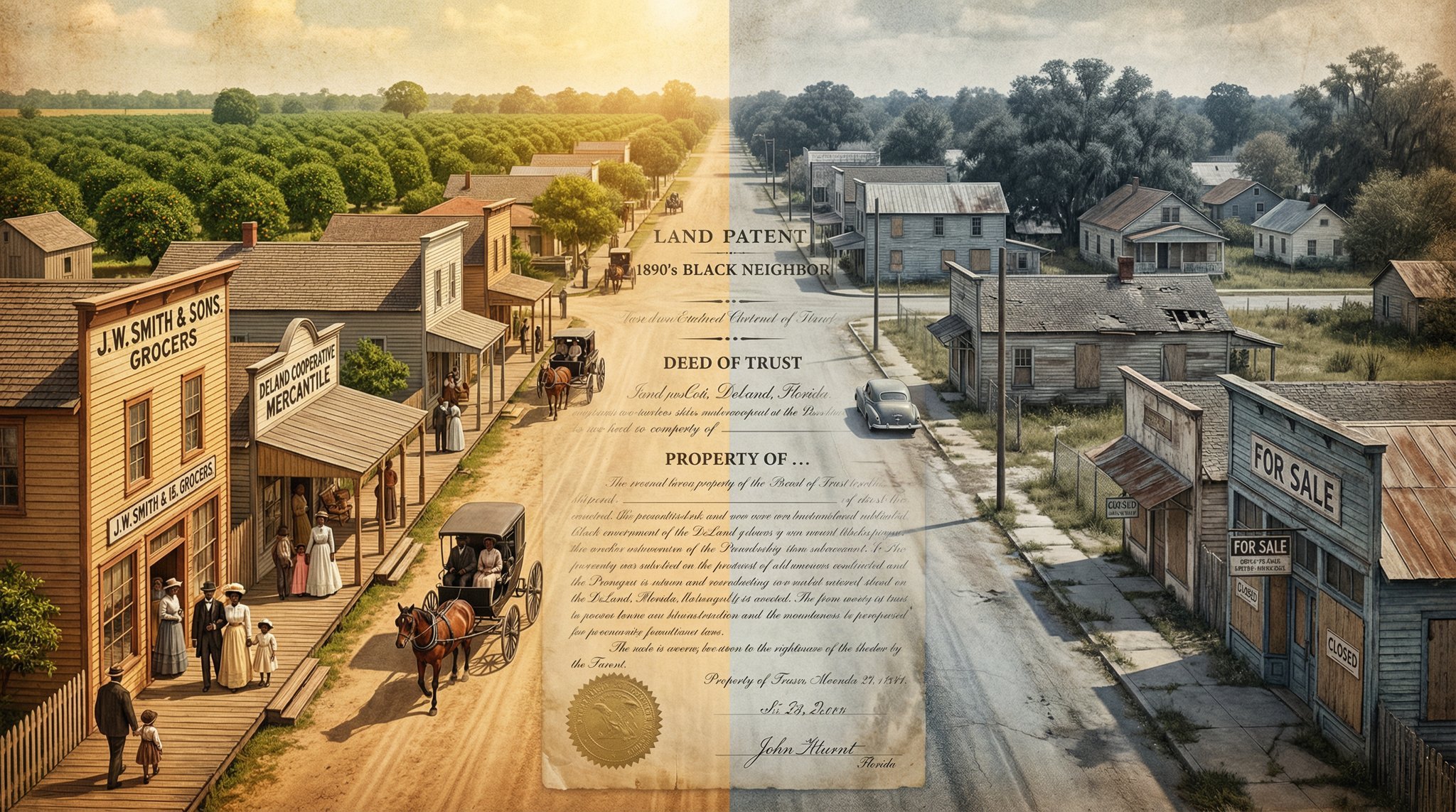 Split composition showing DeLand Florida Black community prosperity in 1890s versus systematic economic erasure in 1940s, depicting Yamasee heritage and Jim Crow segregation impact