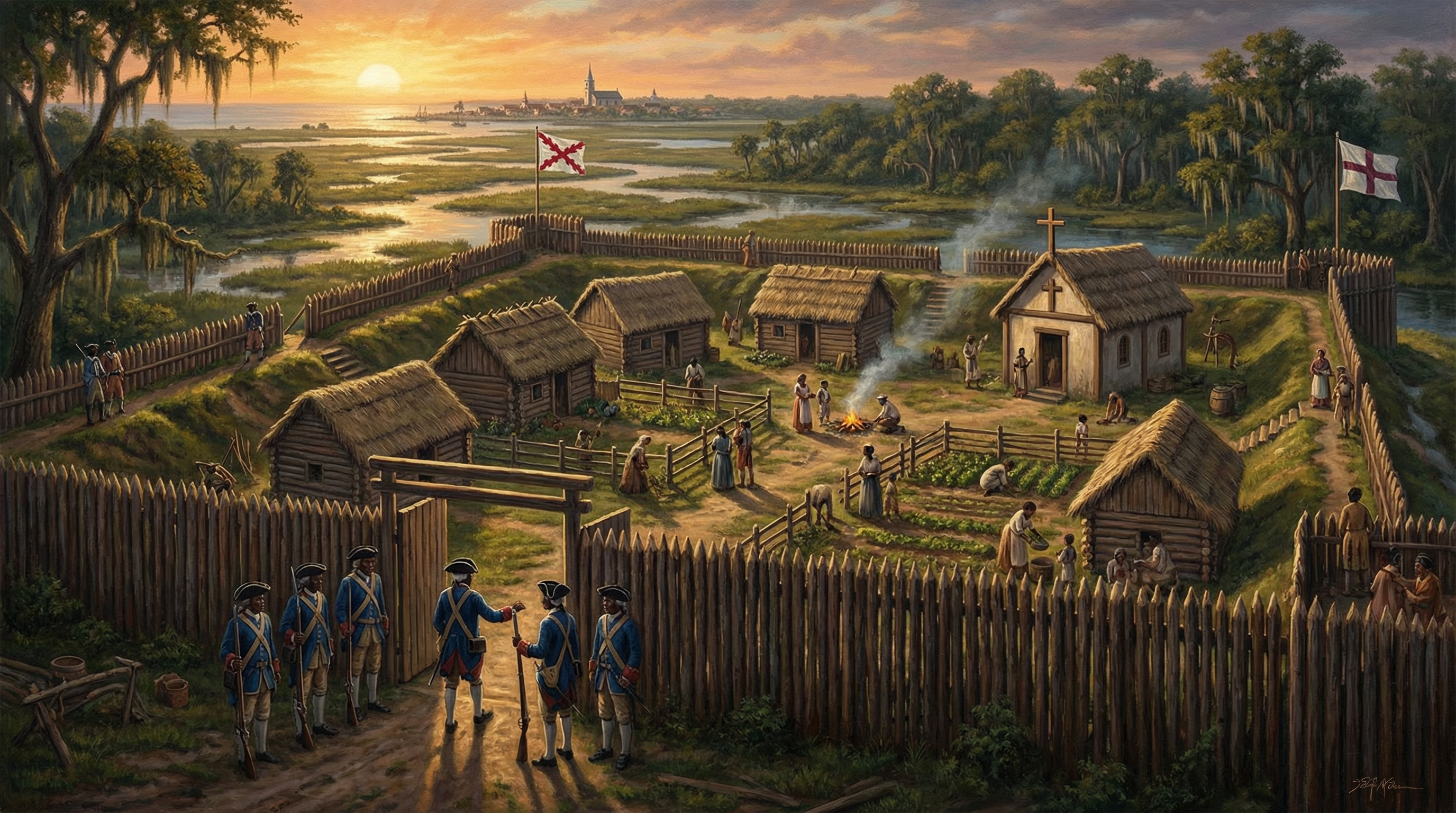 Fort Mose Florida 1738 fortified settlement reconstruction showing first free Black community in North America with Spanish colonial architecture and African militia defending freedom