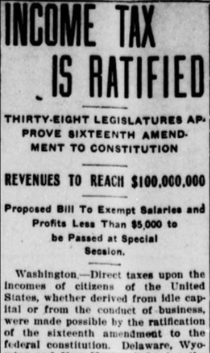 Newspaper headline announcing income tax ratification