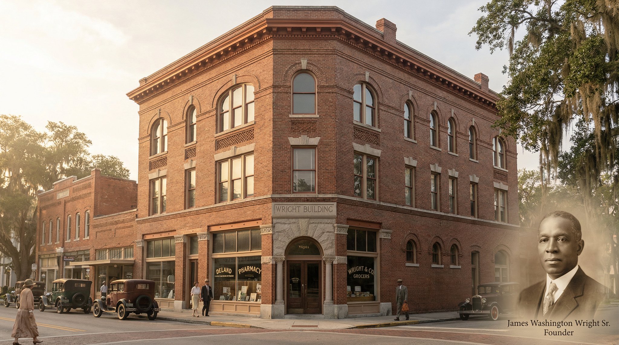 Historic Wright Building in downtown DeLand Florida, a two-story brick commercial building from 1920 with portrait of James W. Wright, Black entrepreneur and Yamasee descendant