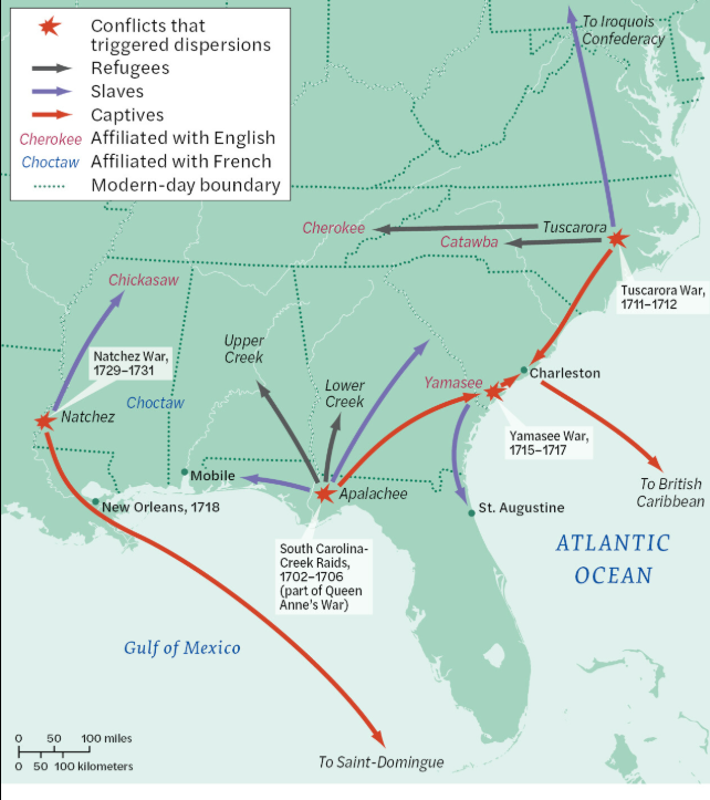 Map showing Yamasee War migration patterns and displacement routes