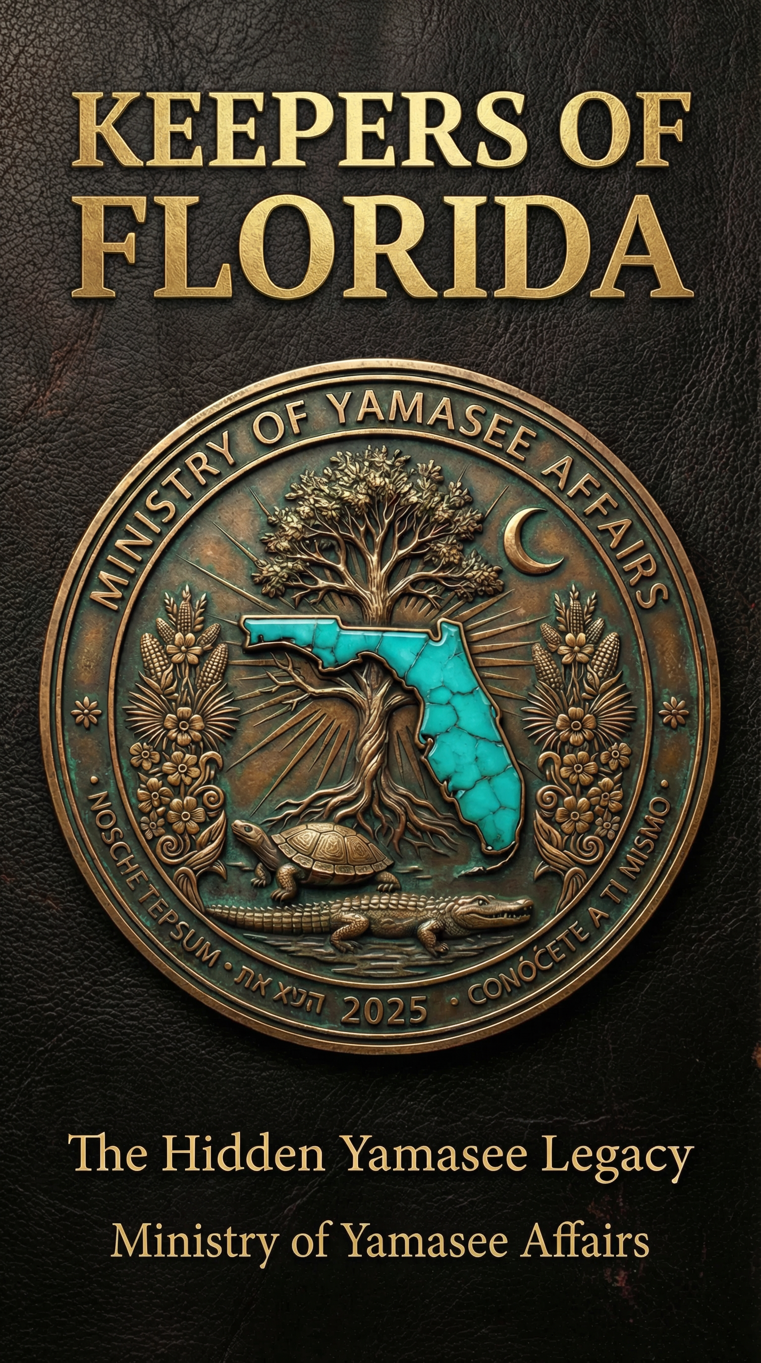 Keepers of Florida book cover featuring Ministry of Yamasee Affairs seal with Florida map, turtle symbolizing longevity, and tree representing 1,300 years of Yamasee history from 711 CE to 2025